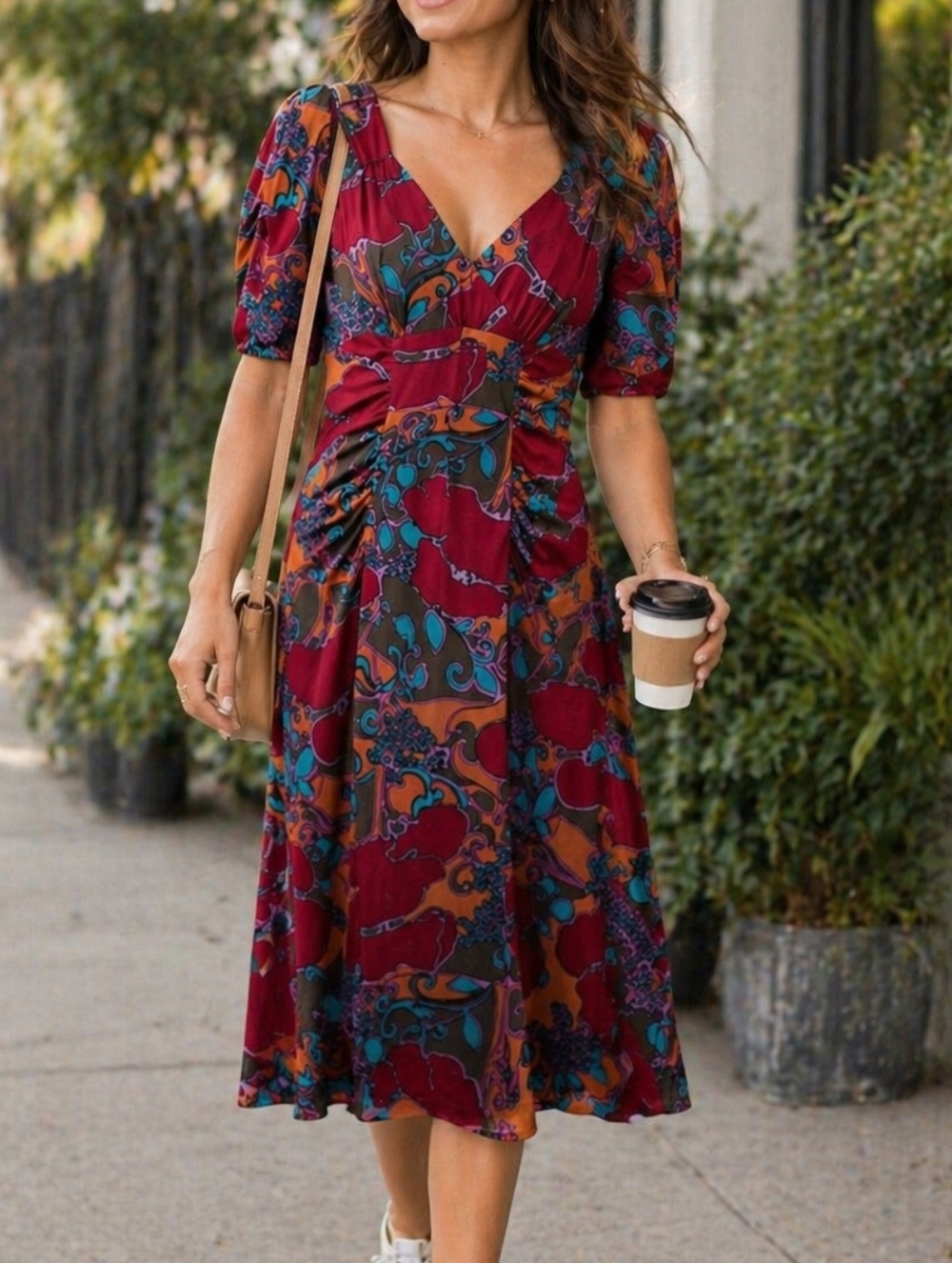 Nanette Lepore Abstract Print Sheath Dress Puff Sleeves Ruched Retro Y2K Boho